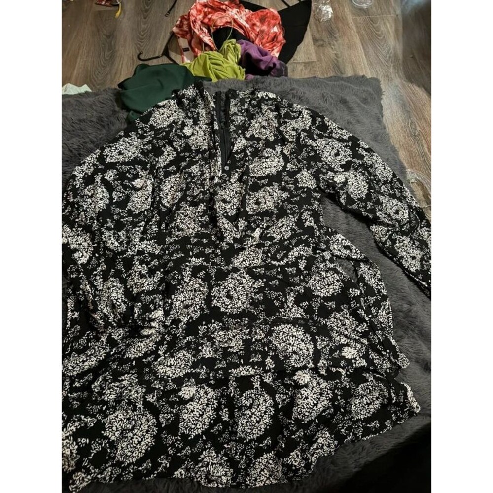 Black White Floral Long Sleeve Dress Romper Tie Waist Button Front